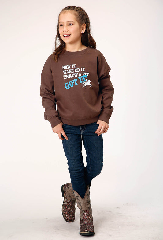 Roper Girls Long Sleeve Dark Brown Cotton Fleece Western T Shirt With Scoop Neck Screen Print Decoration