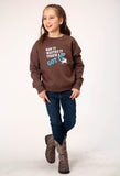 Roper Girls Long Sleeve Dark Brown Cotton Fleece Western T Shirt With Scoop Neck Screen Print Decoration