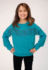 Roper Girls Long Sleeve Cotton Fleece Western T Shirt With Crew Neck Matching Poly Fringe - Roper