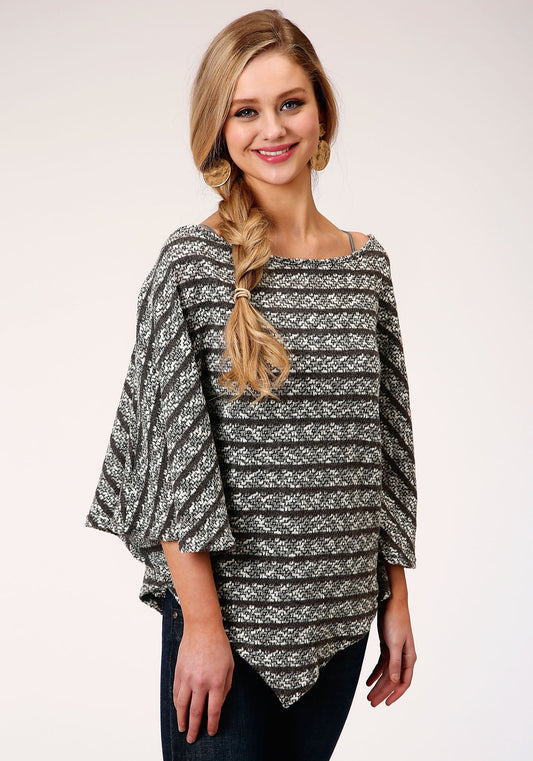 Roper Womens Black And White Stripe Open Knit Poncho Sweater - Roper