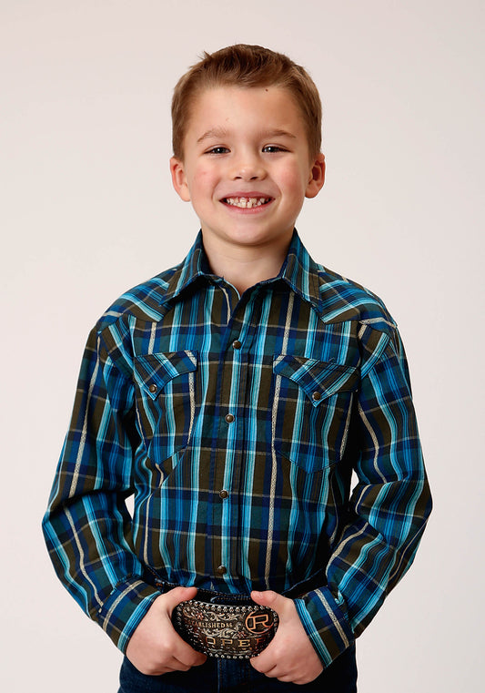 Roper Boys Long Sleeve Snap Diamond Dobby Plaid Western Shirt