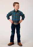 Roper Boys Long Sleeve Snap Diamond Dobby Plaid Western Shirt