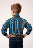 Roper Boys Long Sleeve Snap Diamond Dobby Plaid Western Shirt