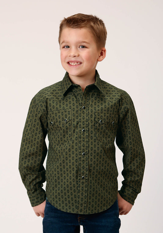 Roper Boys Long Sleeve Snap Drybrush Diamonds Western Shirt