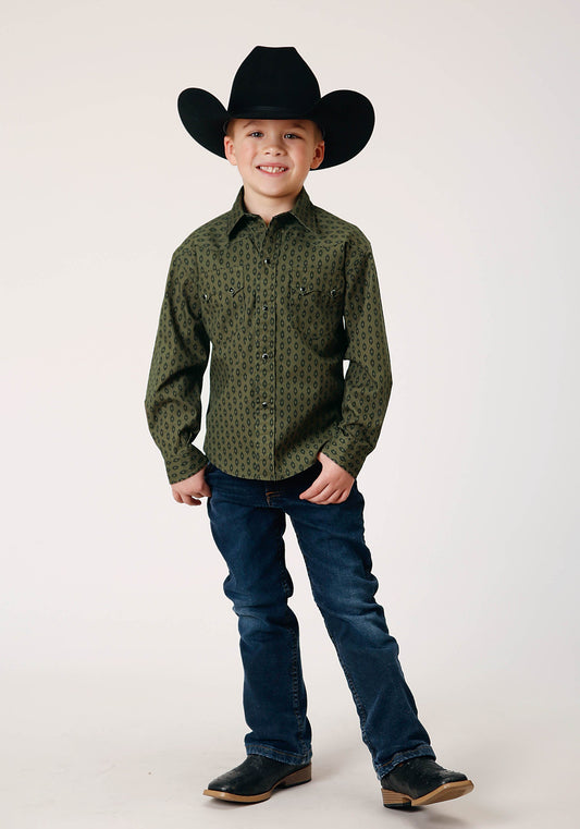 Roper Boys Long Sleeve Snap Drybrush Diamonds Western Shirt