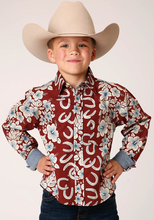 Roper Boys Long Sleeve Snap Hawaiian Horseshoes Print Western Shirt