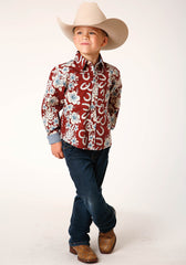 Roper Boys Long Sleeve Snap Hawaiian Horseshoes Print Western Shirt