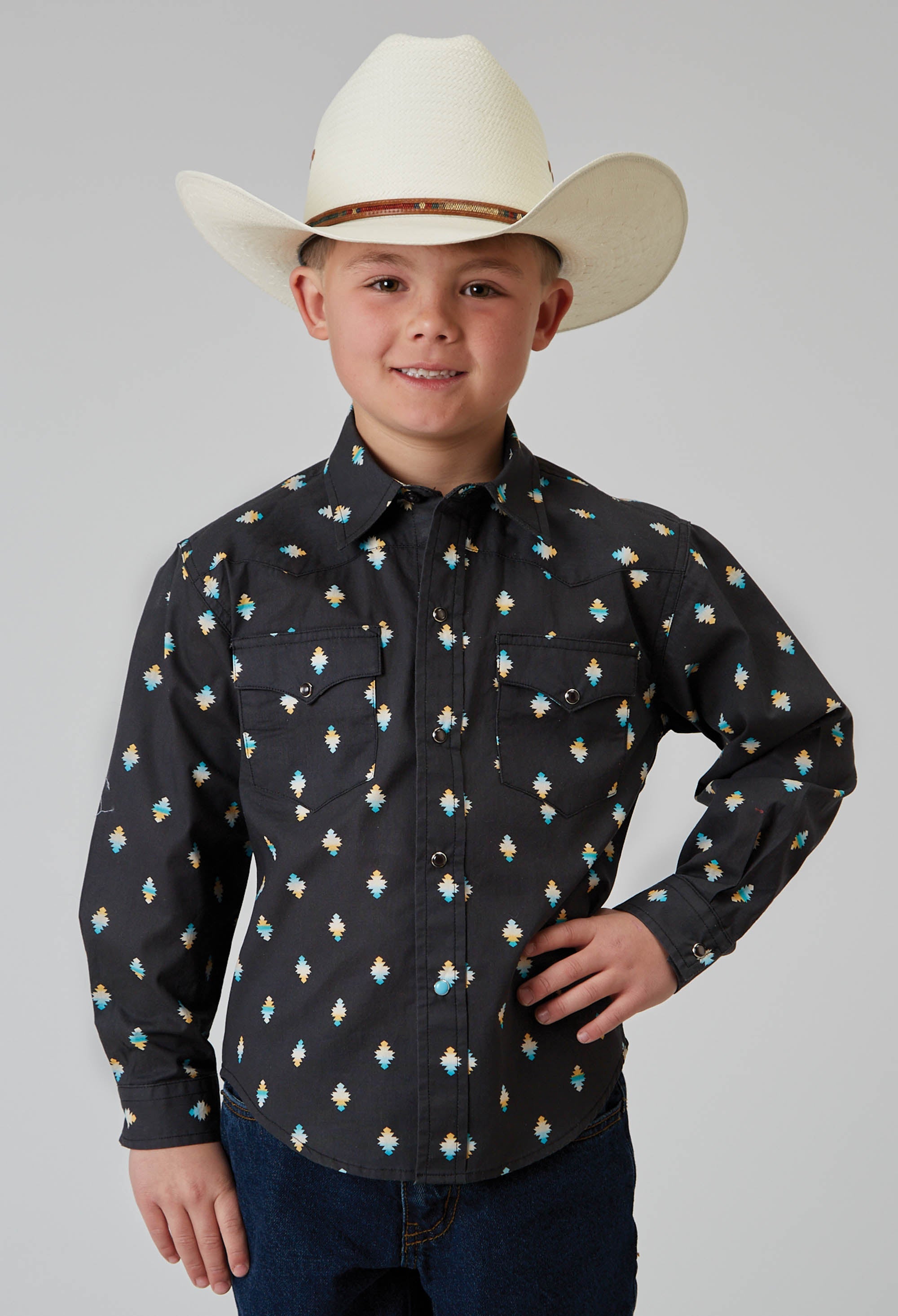 Roper Boys Long Sleeve Snap Ombre Aztec Print Western Shirt