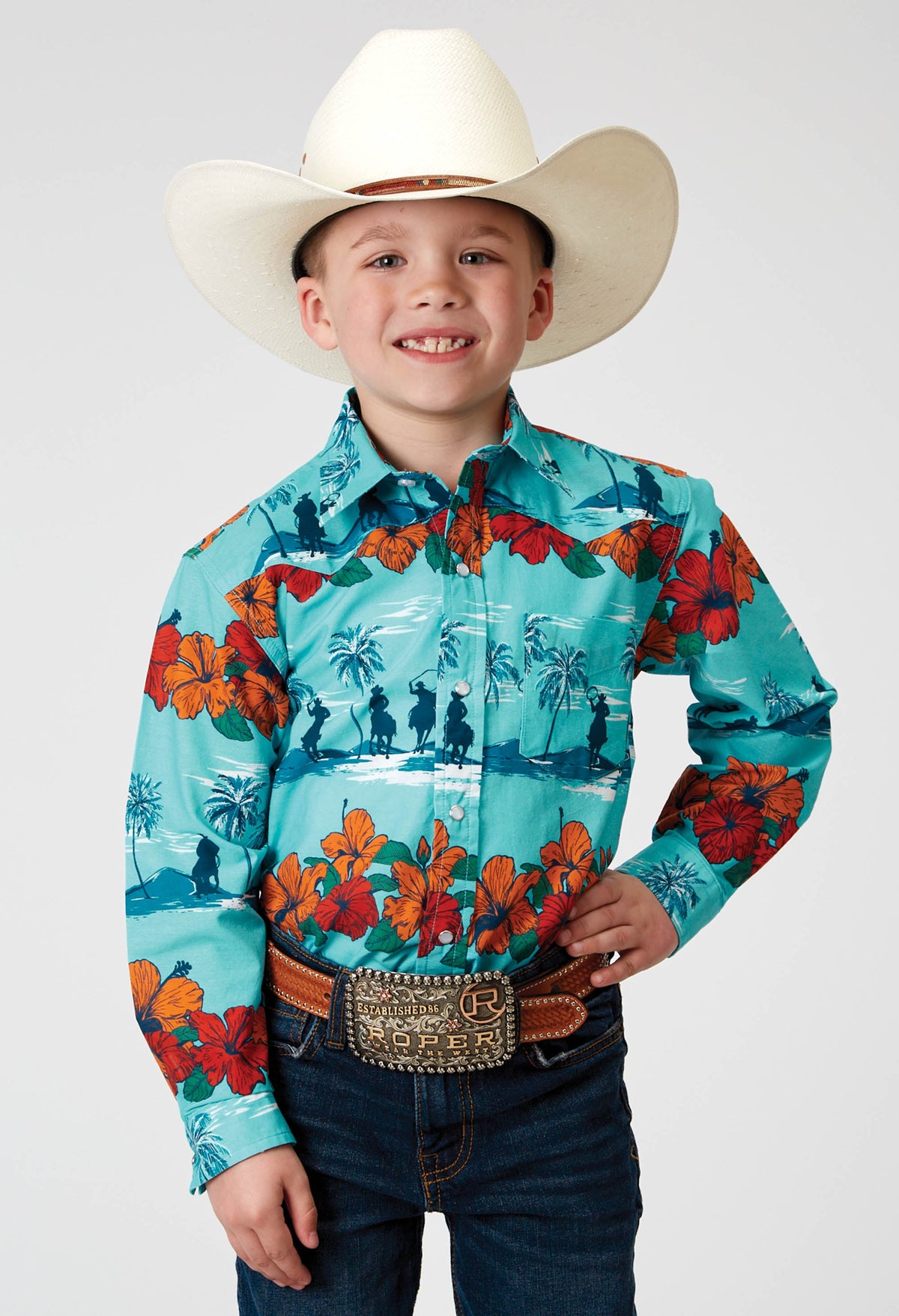 Roper Boys Long Sleeve Snap Hawaiian Print Western Shirt