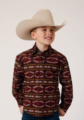 Roper Boys Long Sleeve Snap Red Aztec Horizontal Stripe Western Shirt