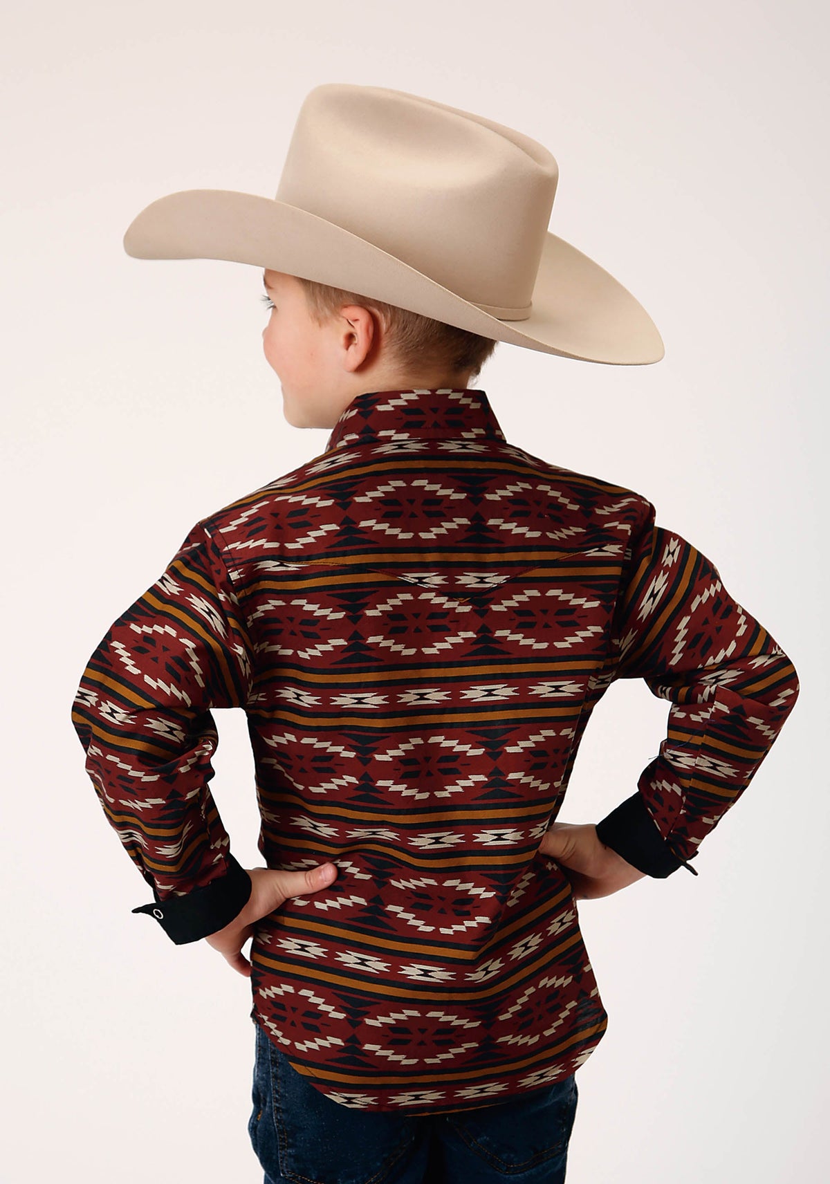 Roper Boys Long Sleeve Snap Red Aztec Horizontal Stripe Western Shirt