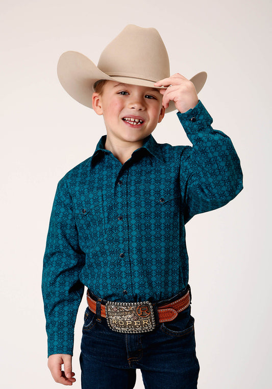 Roper Boys Long Sleeve Snap Tiles Print Western Shirt