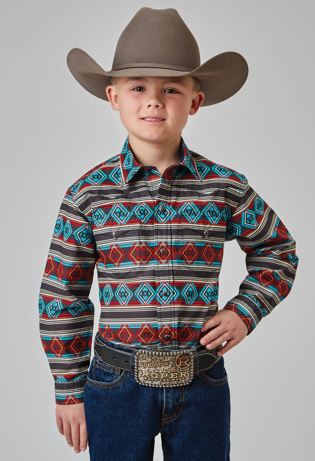 Roper Boys Long Sleeve Snap Aztec Stripe Print Western Shirt