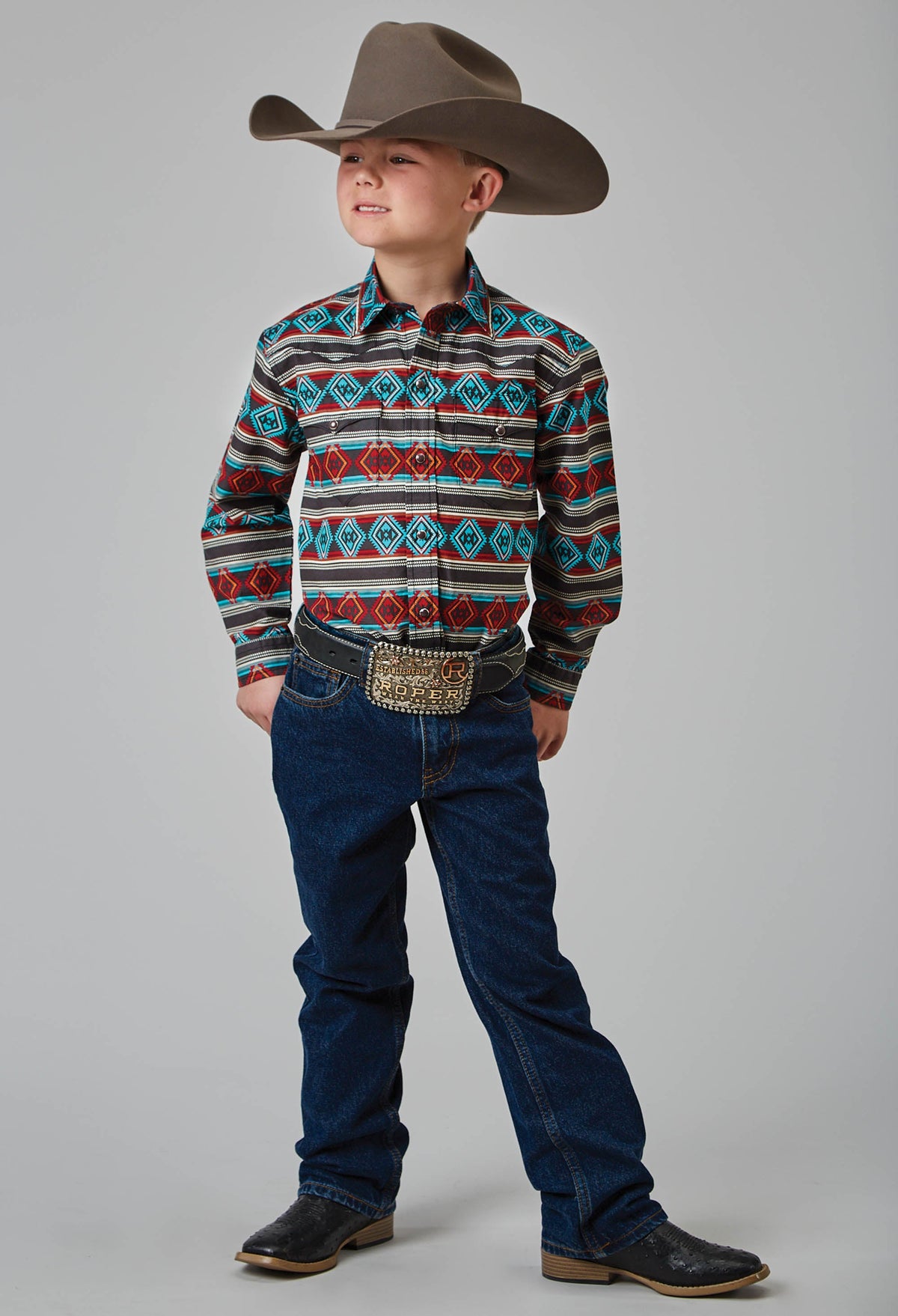 Roper Boys Long Sleeve Snap Aztec Stripe Print Western Shirt