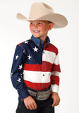 Roper Boys Red White And Blue Stars And Stripes Pieced American Flag Long Sleeve Western Snap Shirt - Flyclothing LLC