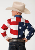 Roper Boys Red White And Blue Stars And Stripes Pieced American Flag Long Sleeve Western Snap Shirt - Flyclothing LLC