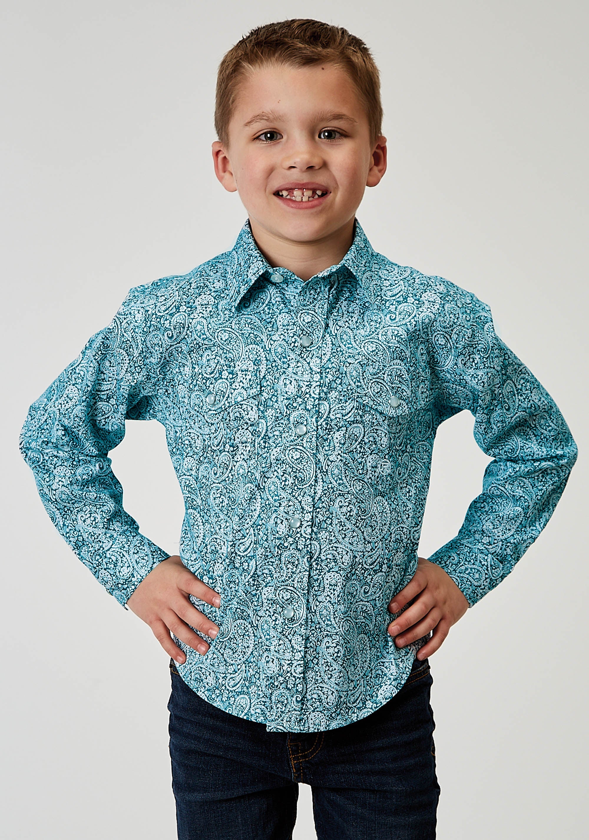 Roper Boys Long Sleeve Snap Stretch Poplin Teal Paisley Western Shirt