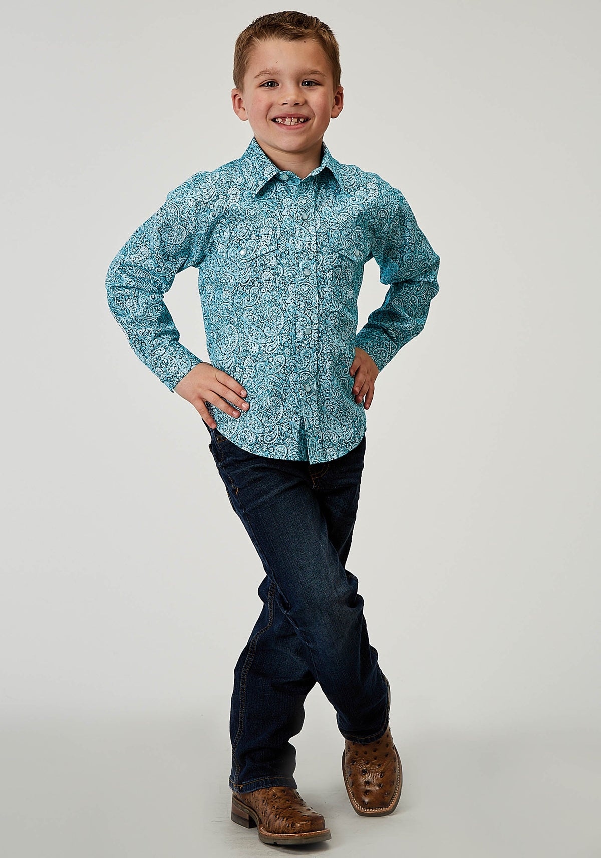 Roper Boys Long Sleeve Snap Stretch Poplin Teal Paisley Western Shirt