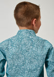 Roper Boys Long Sleeve Snap Stretch Poplin Teal Paisley Western Shirt