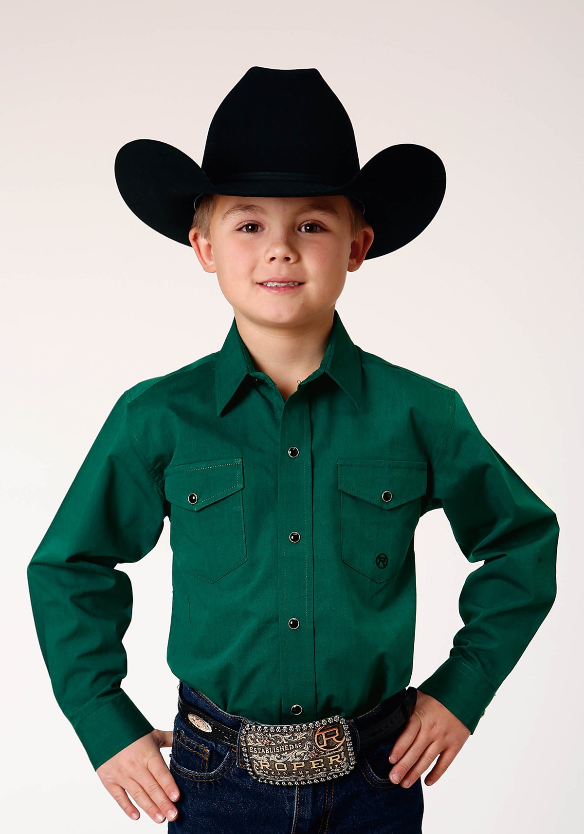 Roper Boys Long Sleeve Snap Black Fill Solid Green Western Shirt