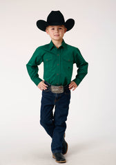 Roper Boys Long Sleeve Snap Black Fill Solid Green Western Shirt