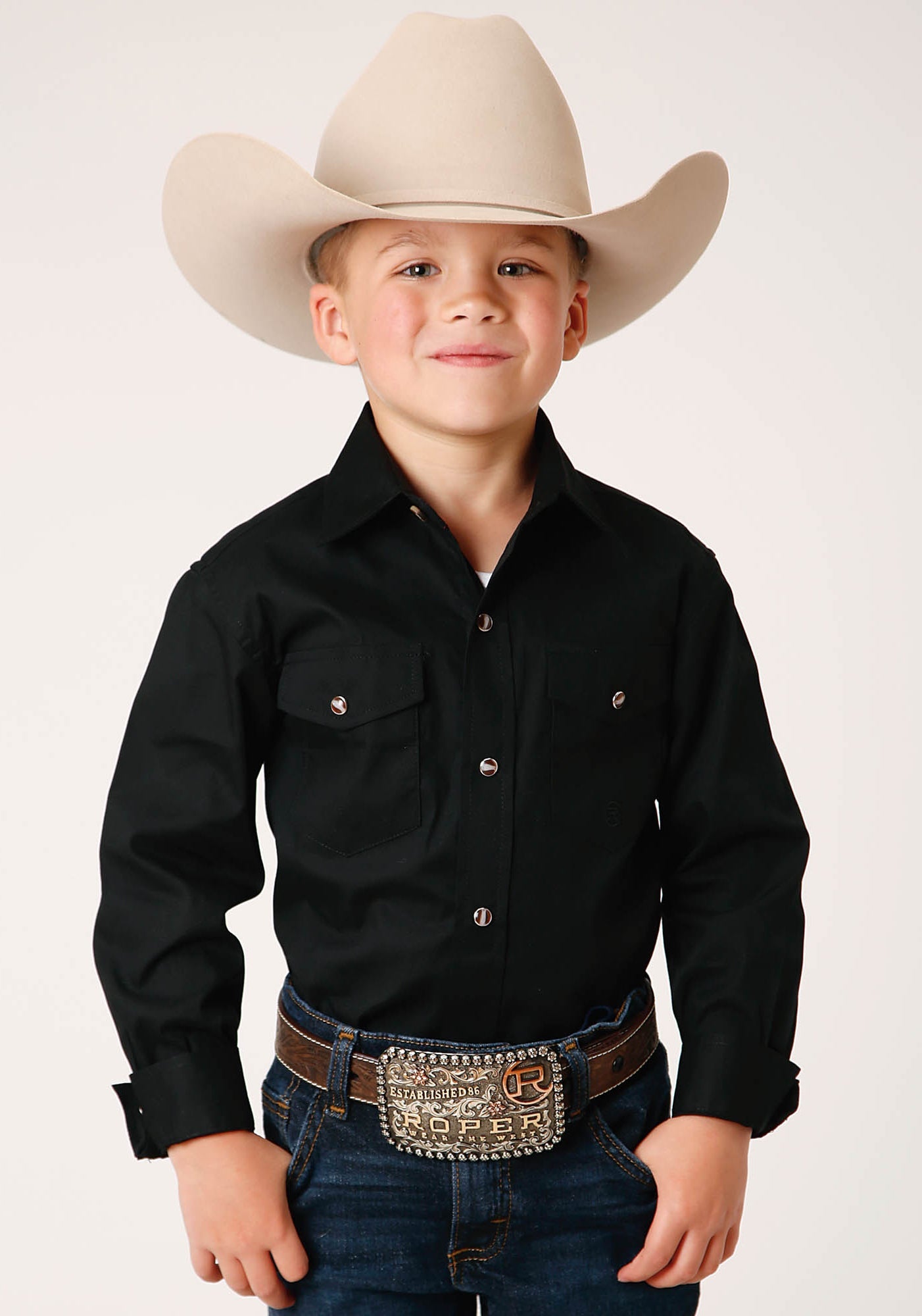 Roper Boys Long Sleeve Snap Solid Poplin Western Model  Western Shirt