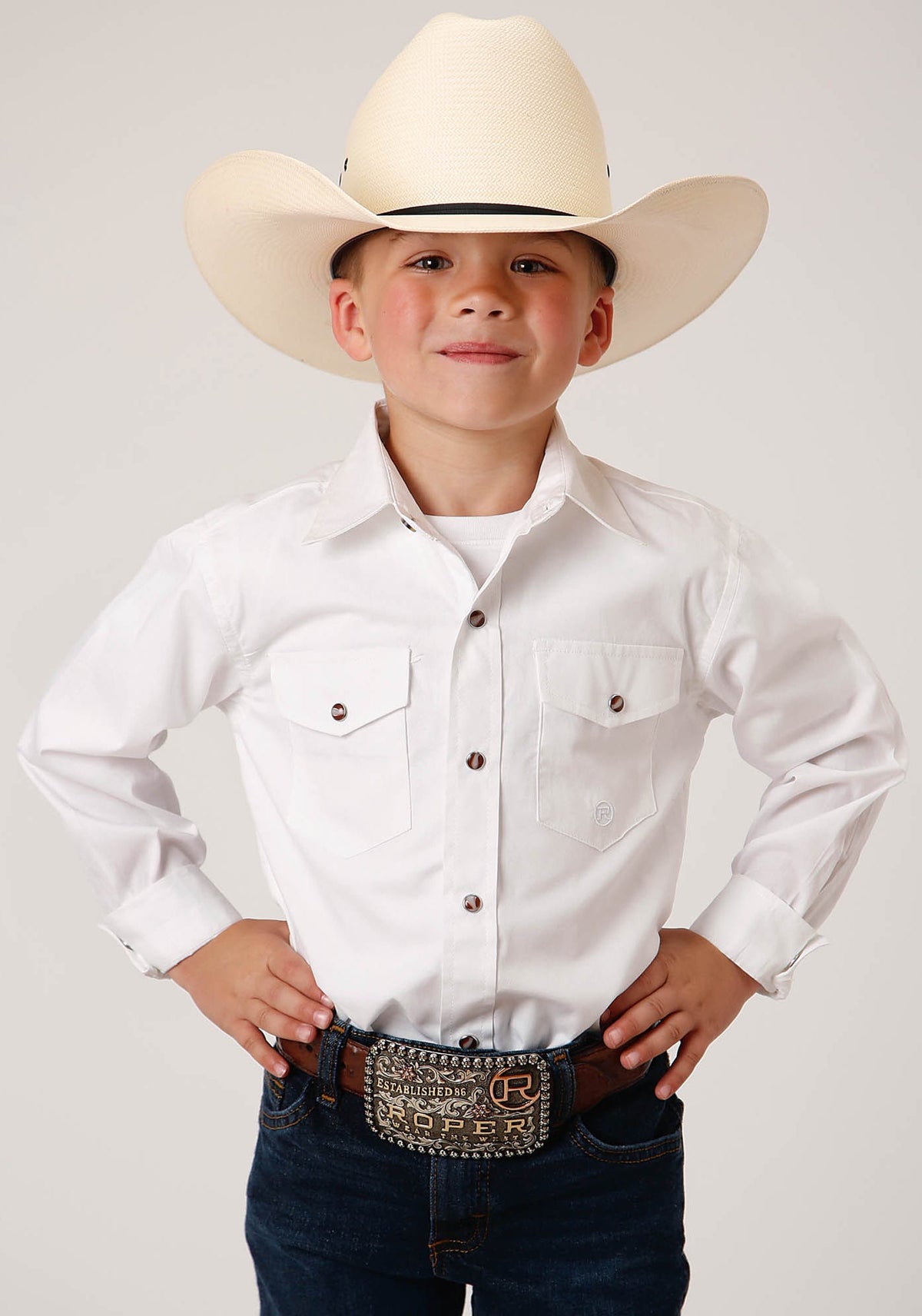 Roper Boys Long Sleeve Snap Solid Poplin Western Model  Western Shirt