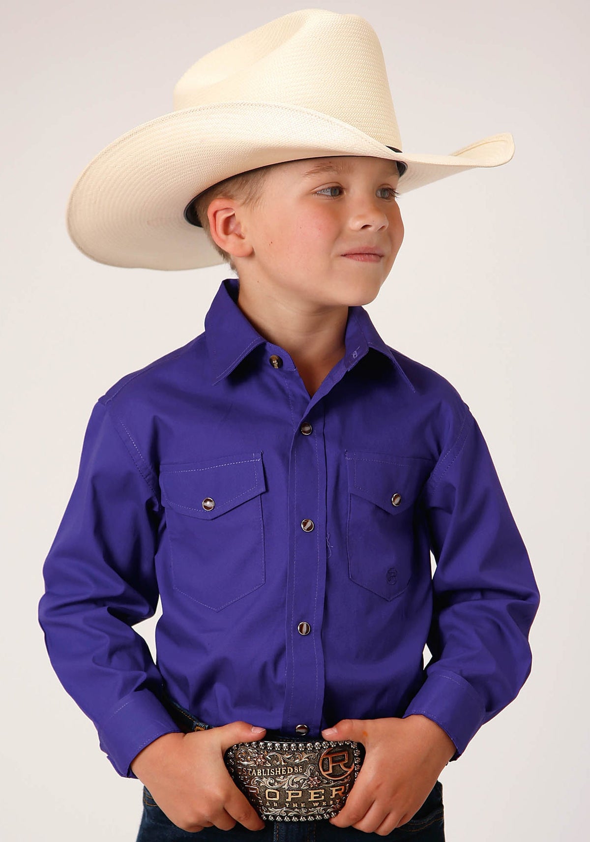 Roper Boys Long Sleeve Snap Solid Poplin Western Model  Western Shirt