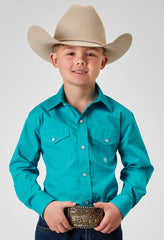 Roper Boys Long Sleeve Snap Solid Poplin Stretch Turquoise Western Shirt