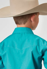 Roper Boys Long Sleeve Snap Solid Poplin Stretch Turquoise Western Shirt