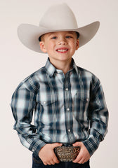 Roper Boys Long Sleeve Snap Blue West Plaid Western Shirt