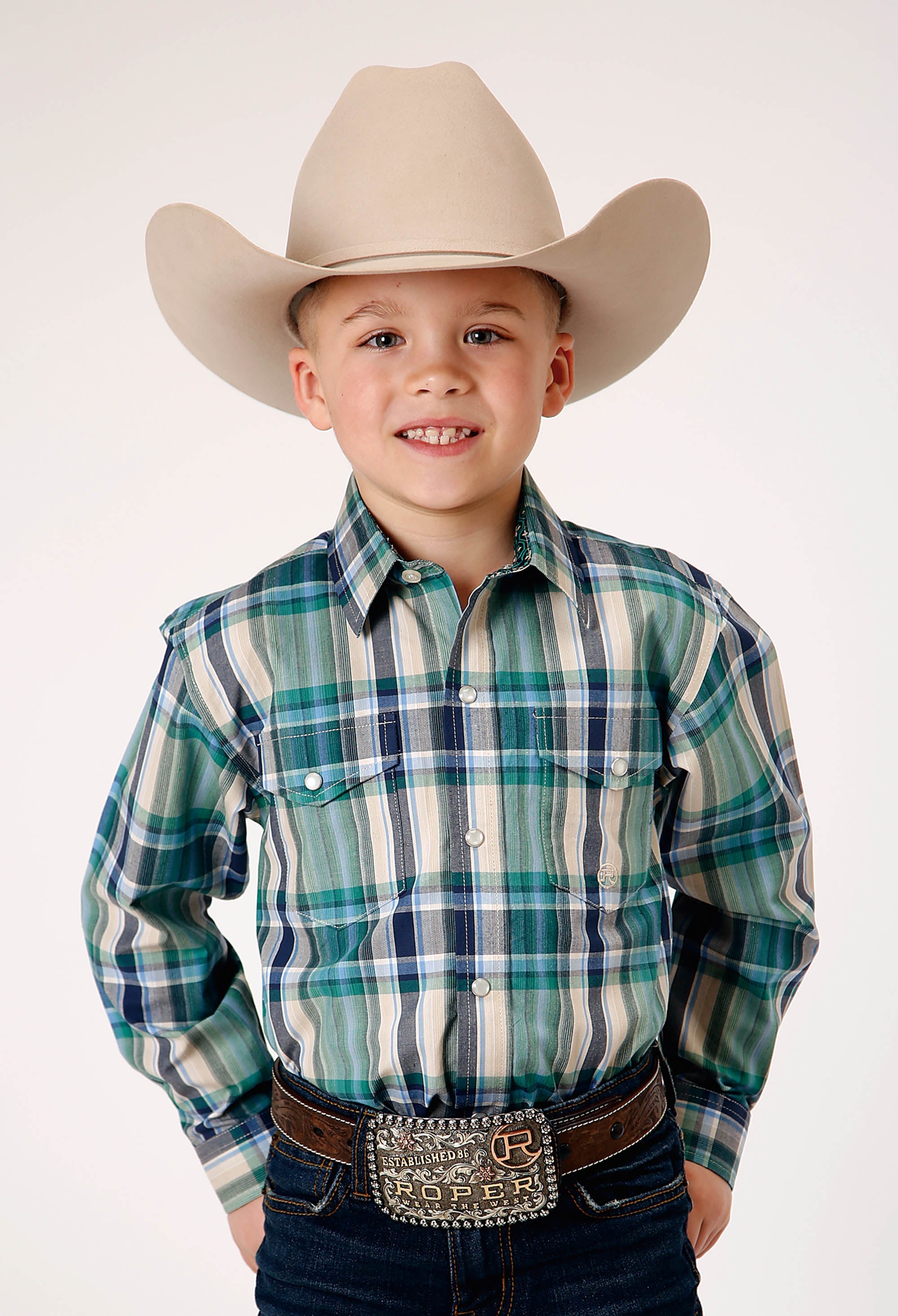 Roper Boys Long Sleeve Snap Ocean Plaid Western Shirt