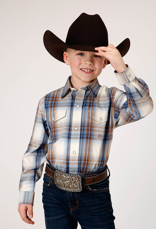 Roper Boys Long Sleeve Snap Desert Blue Plaid Western Shirt