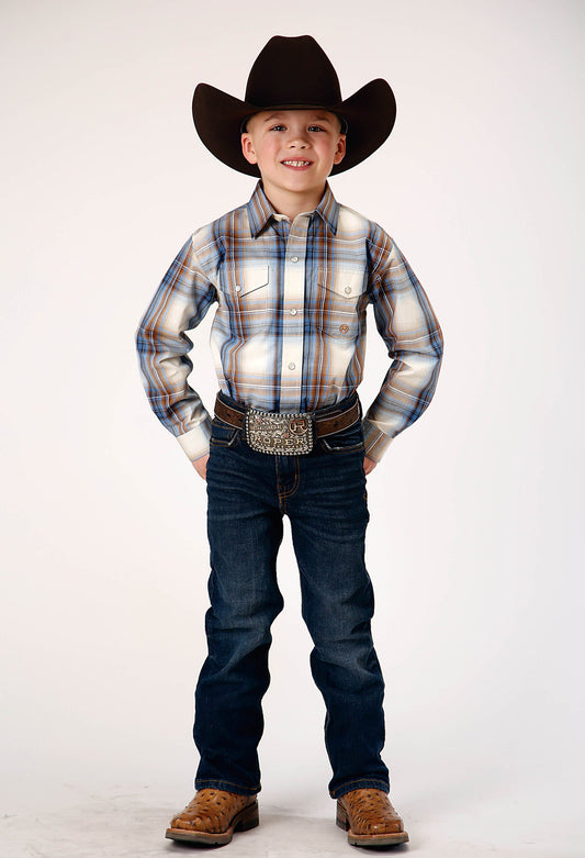 Roper Boys Long Sleeve Snap Desert Blue Plaid Western Shirt