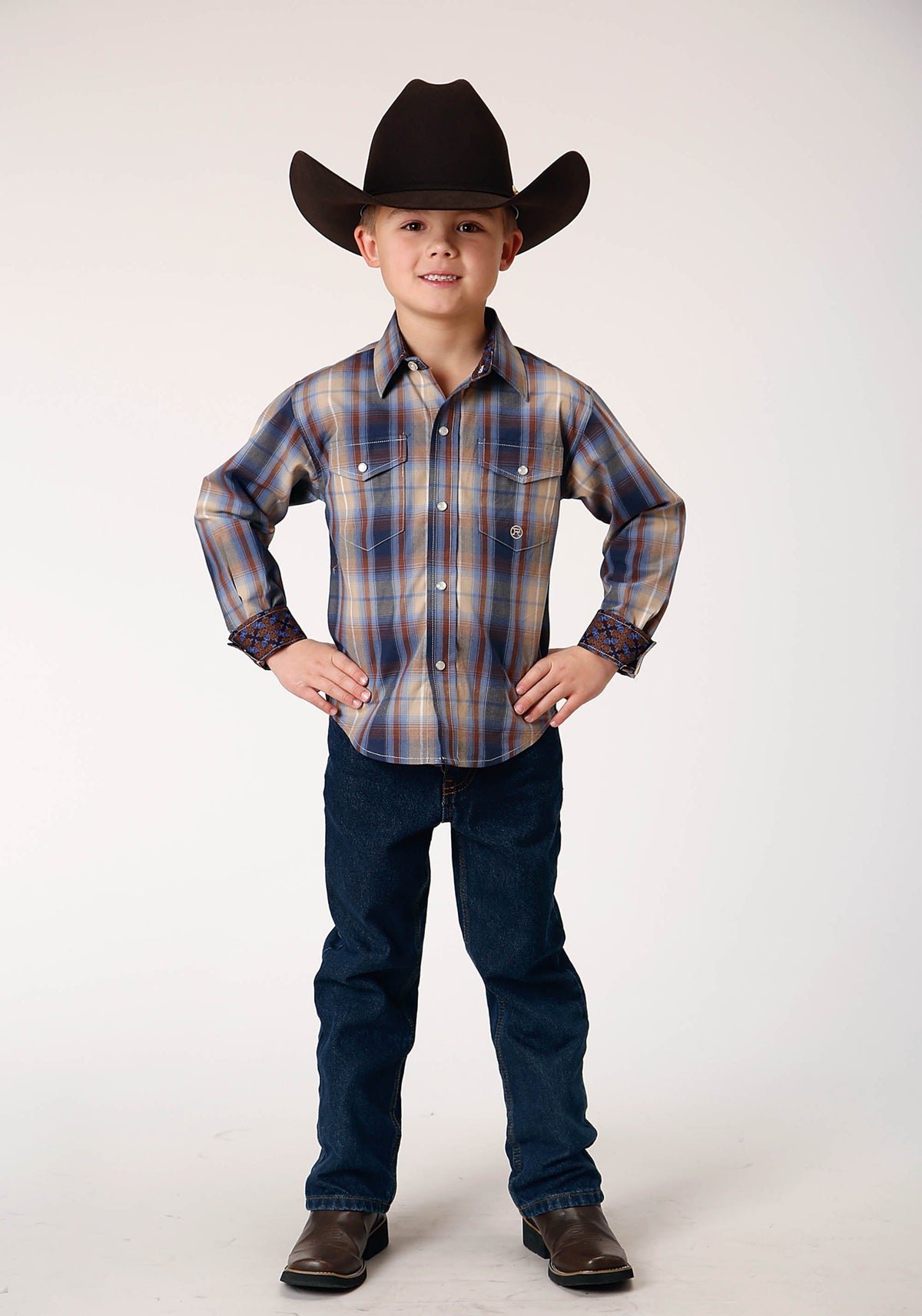 Roper Boys Long Sleeve Snap Ranch Plaid Western Shirt