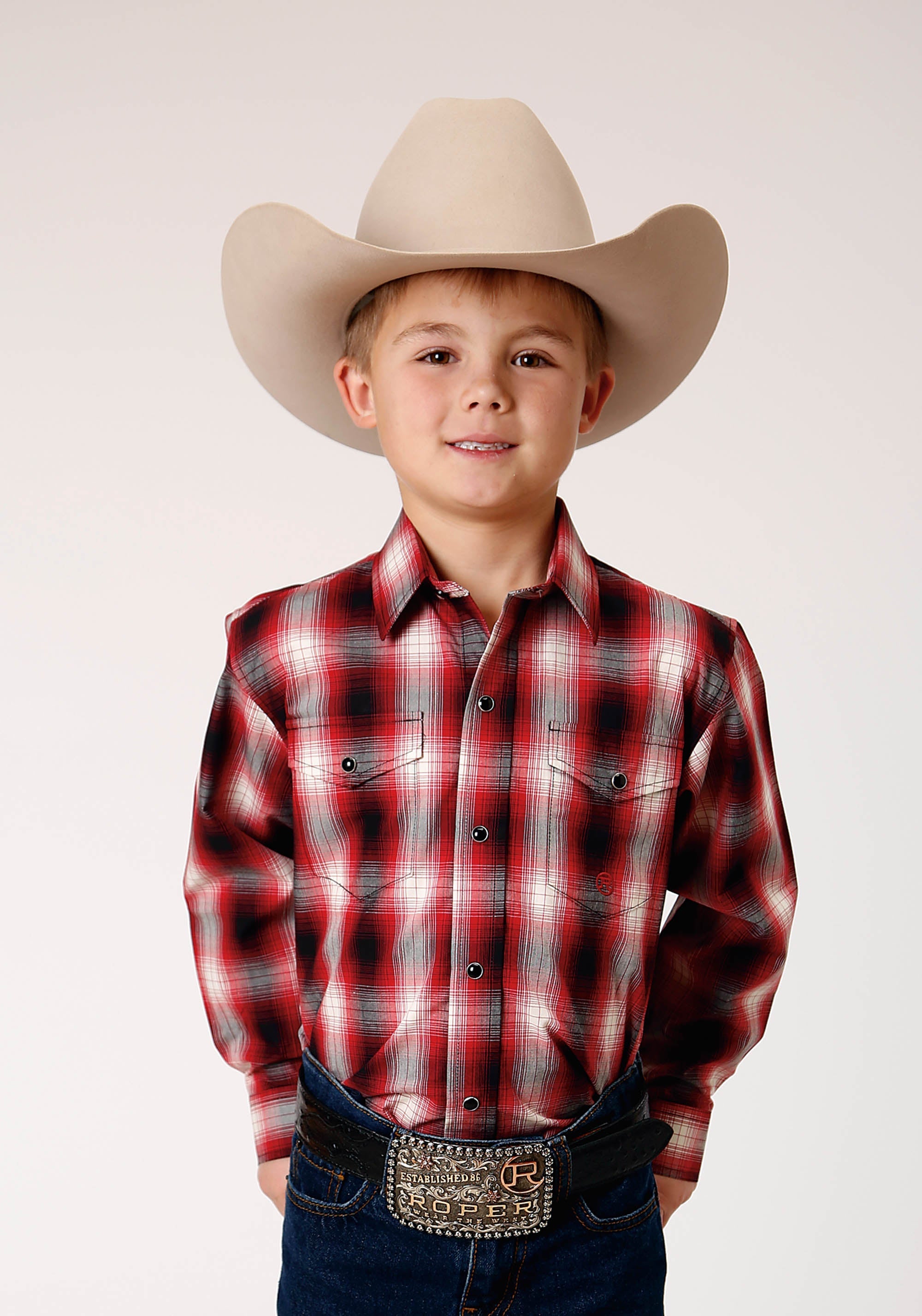 Roper Boys Long Sleeve Snap Basic Red Plaid Western Shirt