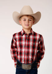 Roper Boys Long Sleeve Snap Basic Red Plaid Western Shirt