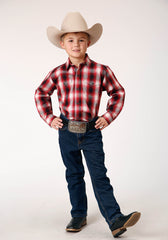 Roper Boys Long Sleeve Snap Basic Red Plaid Western Shirt