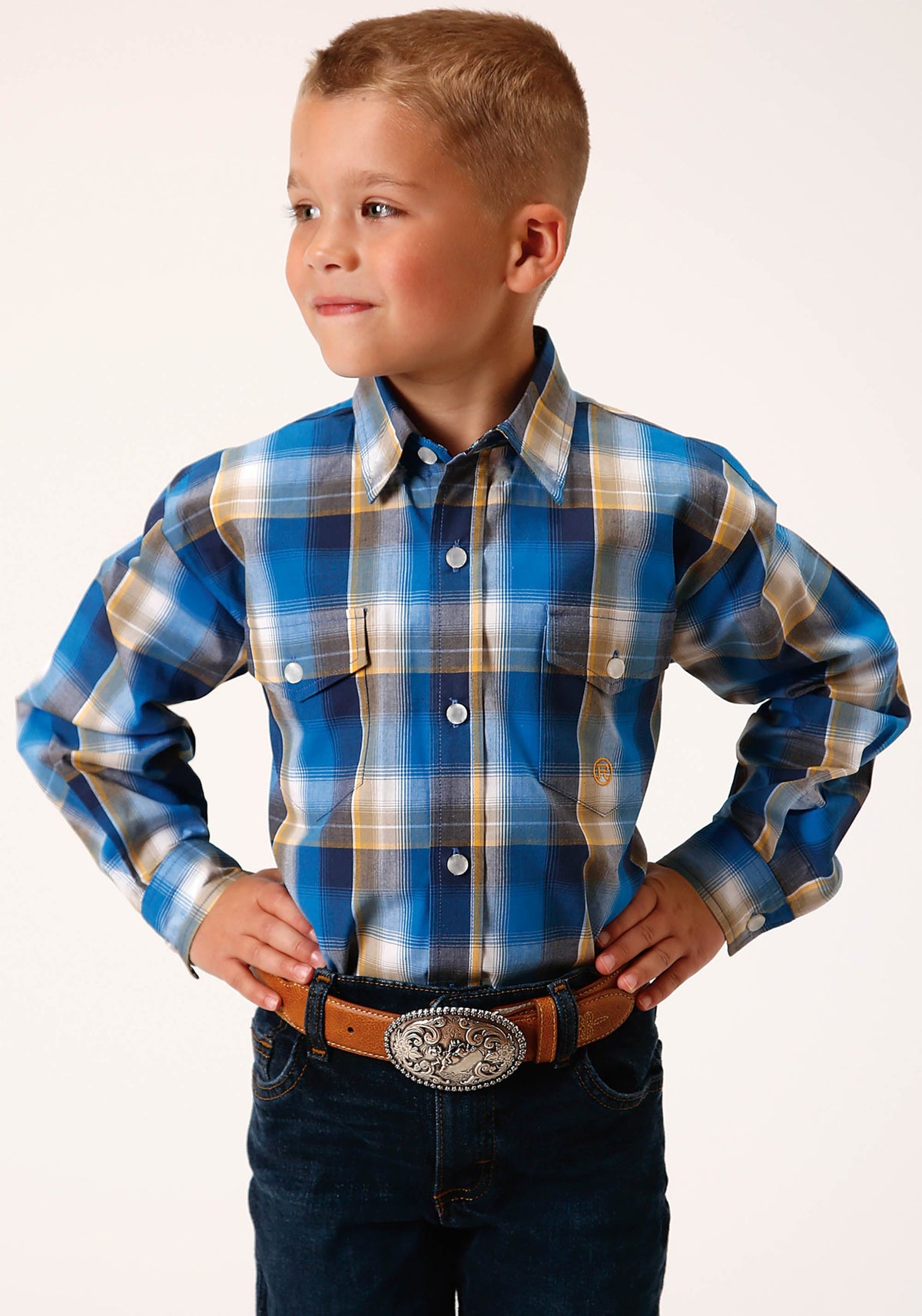 Roper Boys Long Sleeve Snap Clear Sky Plaid Western Shirt