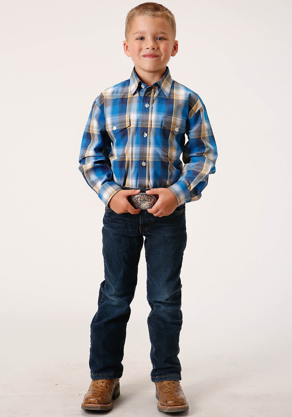 Roper Boys Long Sleeve Snap Clear Sky Plaid Western Shirt