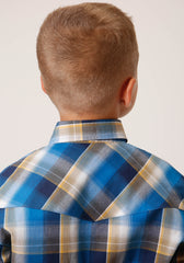 Roper Boys Long Sleeve Snap Clear Sky Plaid Western Shirt