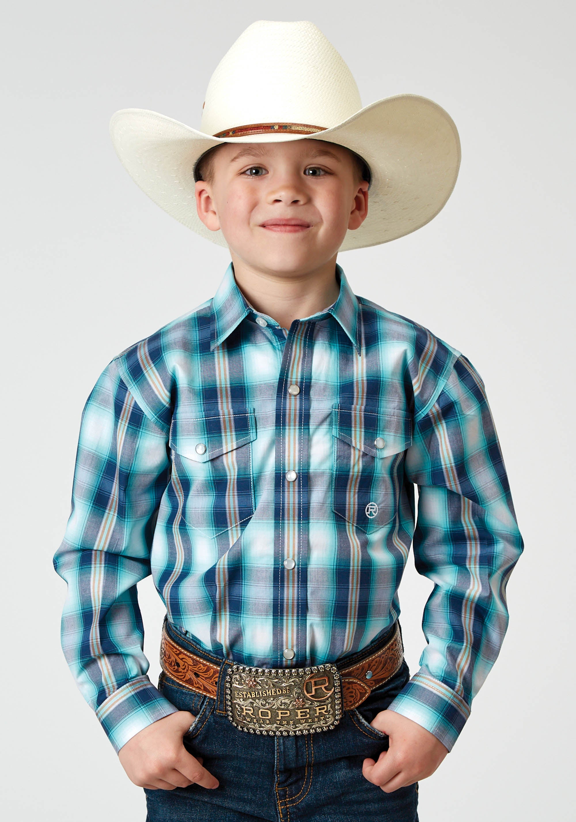 Roper Boys Long Sleeve Snap Cool Breeze Plaid Western Shirt