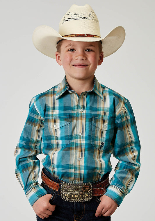 Roper Boys Long Sleeve Snap Waters Edge Plaid Western Shirt