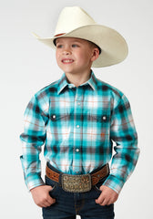 Roper Boys Long Sleeve Snap Stretch Poplin Turquoise Plaid Western Shirt