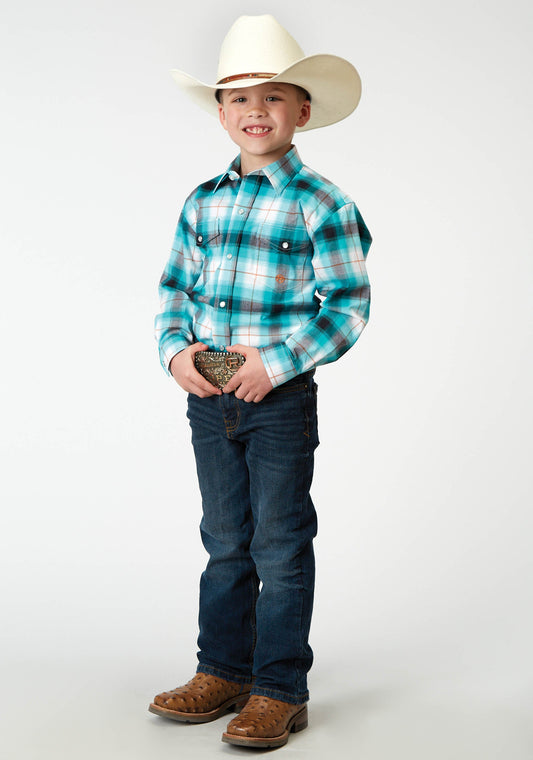 Roper Boys Long Sleeve Snap Stretch Poplin Turquoise Plaid Western Shirt