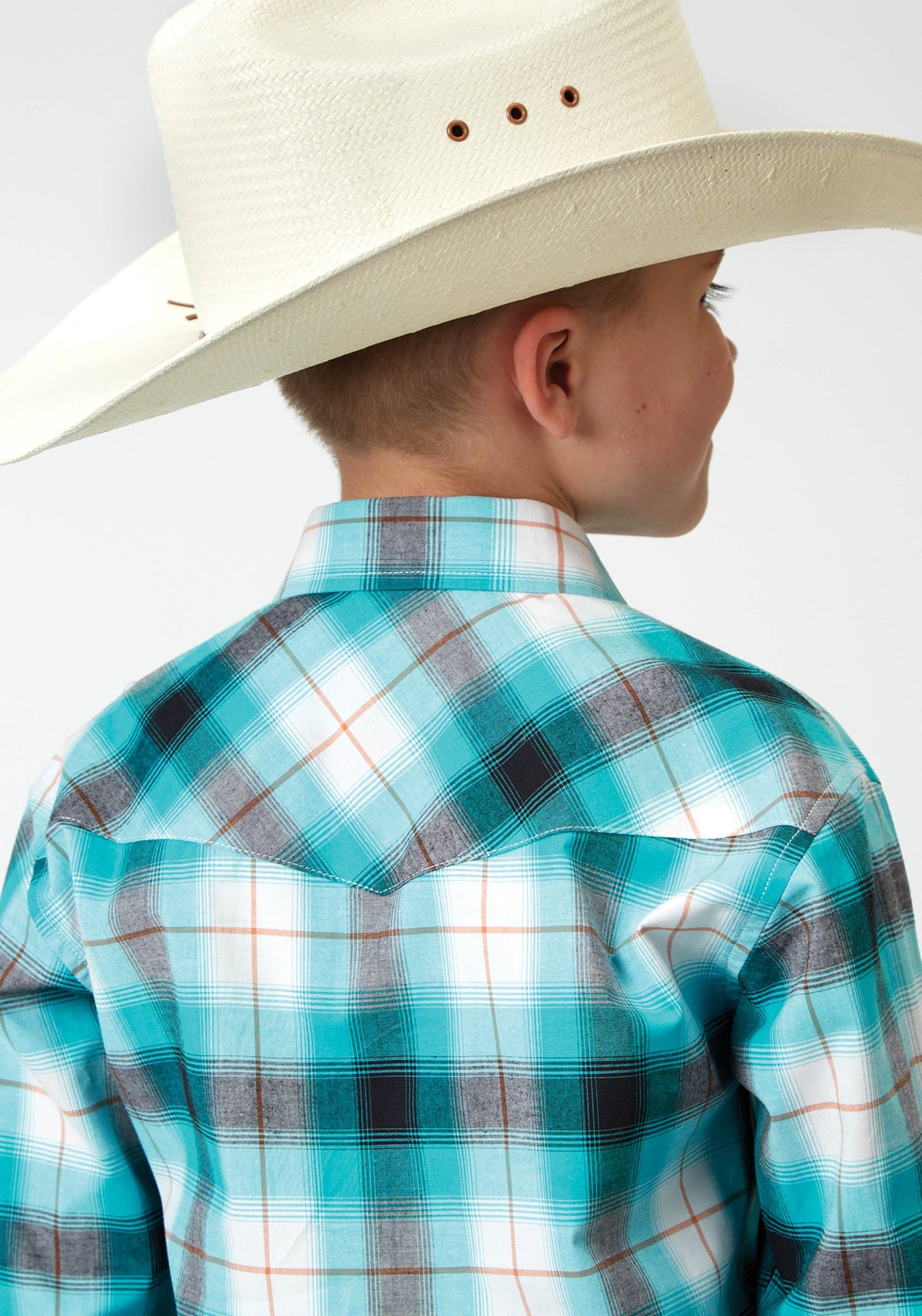 Roper Boys Long Sleeve Snap Stretch Poplin Turquoise Plaid Western Shirt