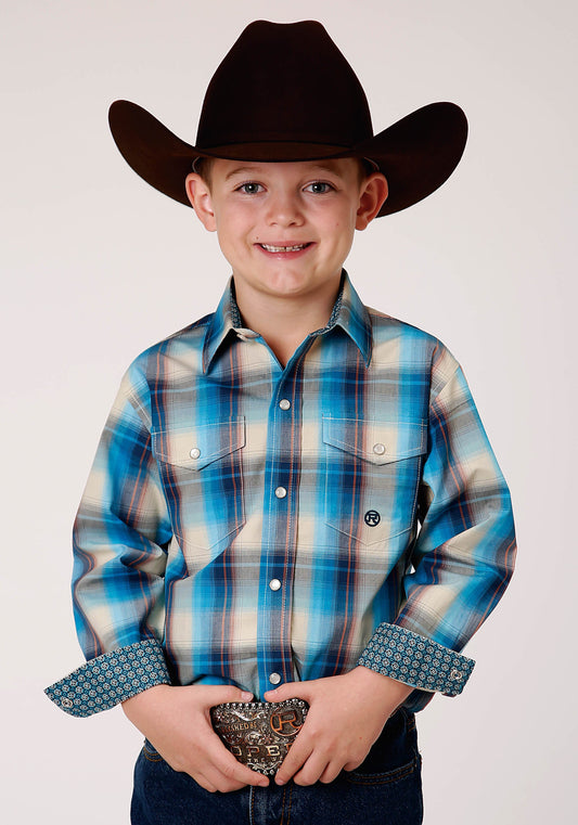 Roper Boys Long Sleeve Snap Sunset Plaid Western Shirt