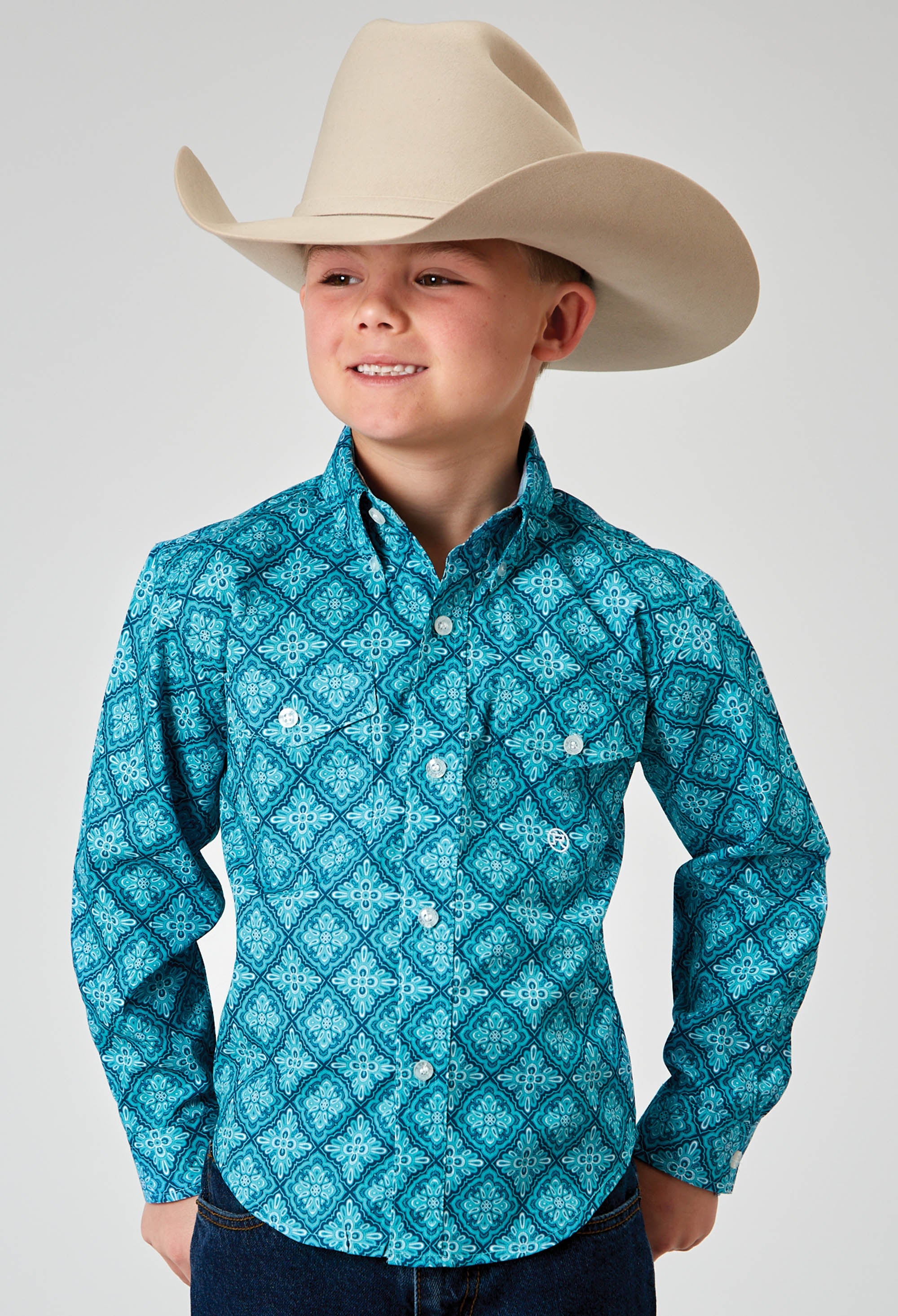 Roper Boys Long Sleeve Button Lake Medallion Western Shirt