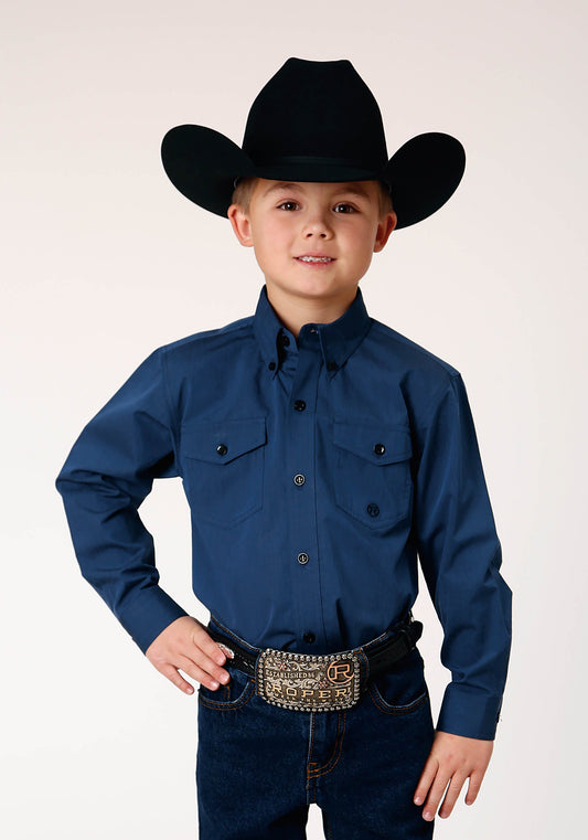 Roper Boys Long Sleeve Button Black Fill Solid Blue Western Shirt