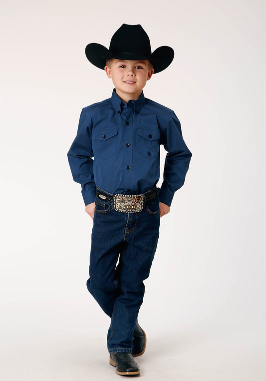 Roper Boys Long Sleeve Button Black Fill Solid Blue Western Shirt